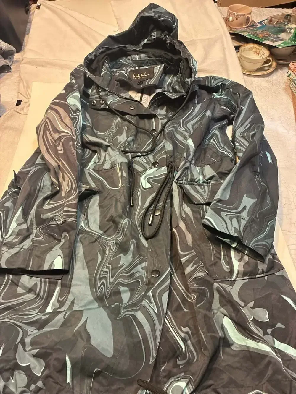 Nicole Miller Collection Hooded Rain Jacket Abstract Marble Print Size P